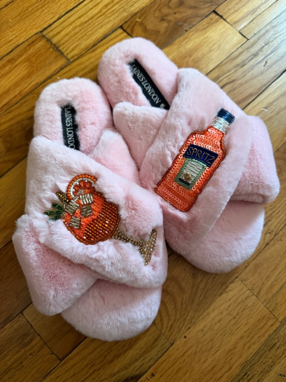 Laine’s London aperol Pink Plush Slide Slippers with Sequin Spritz Motif